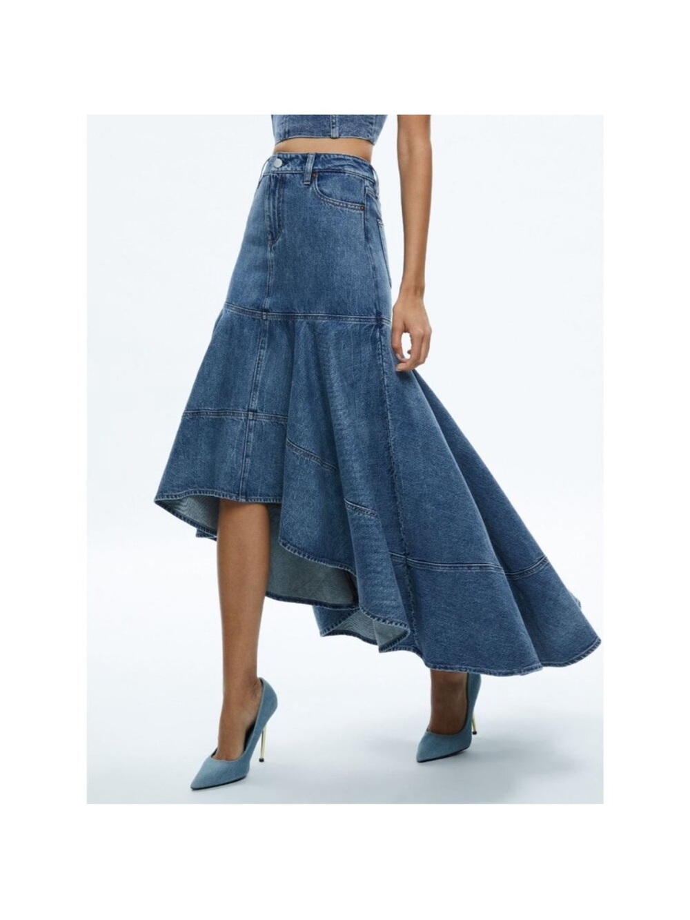 Alice + Olivia Denim Donella High-Low Flared Skirt in Blue